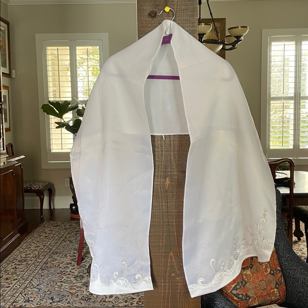 Wedding Attire; White and Silver Embroidered Scarf/Shawl/Wrqp